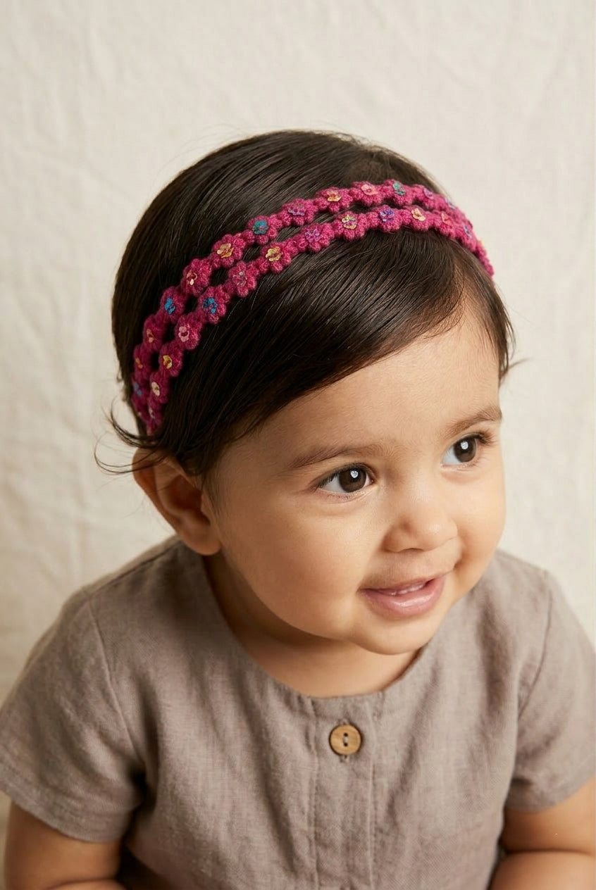 Choko Floral Sequin Crochet Hairband Handcrafted with Delicate Flower Accents for Girls - Berry Pink