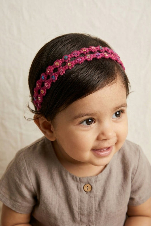 Choko Floral Sequin Crochet Hairband Handcrafted with Delicate Flower Accents for Girls - Berry Pink