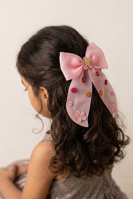 Choko Floral Embellished Bow Hairclip Large with Colorful Embroidery Details for Girls - Pink