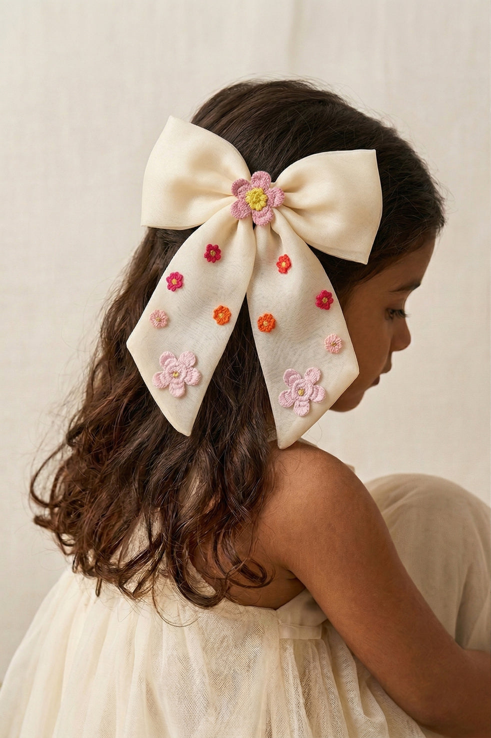 Choko Floral Embellished Bow Hairclip Elegant with Intricate Colorful Embroidery for Girls - Cream