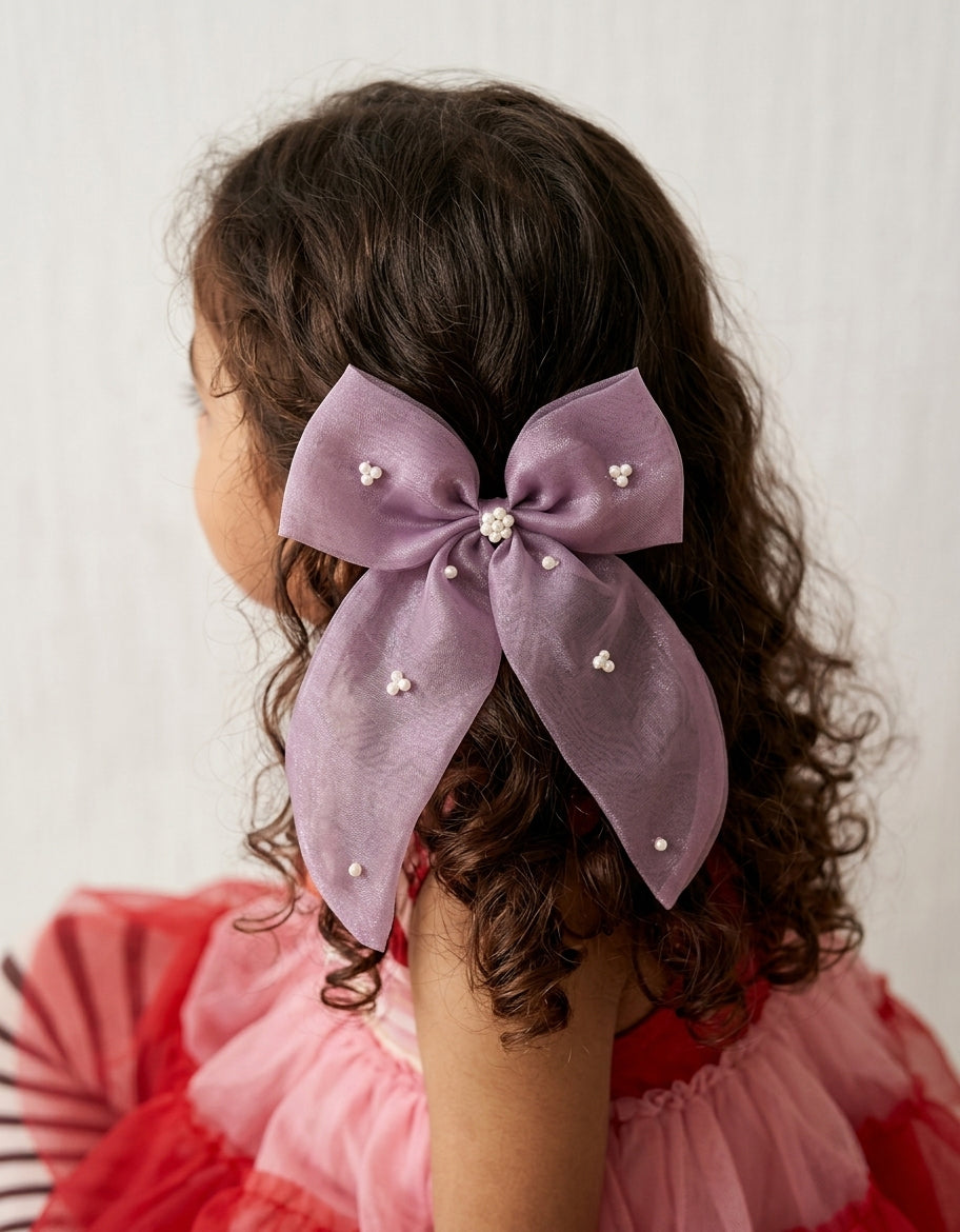 Choko Pearl Studded Bow Hairclip Chiffon with Elegant Pearl Embellishments for Girls - Lavender