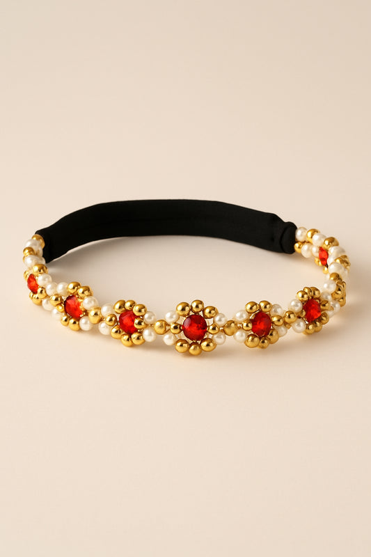 Choko Girls Beaded Headband with Golden Beads & Red Crystal Flowers -Red & Gold | Kids Accessory