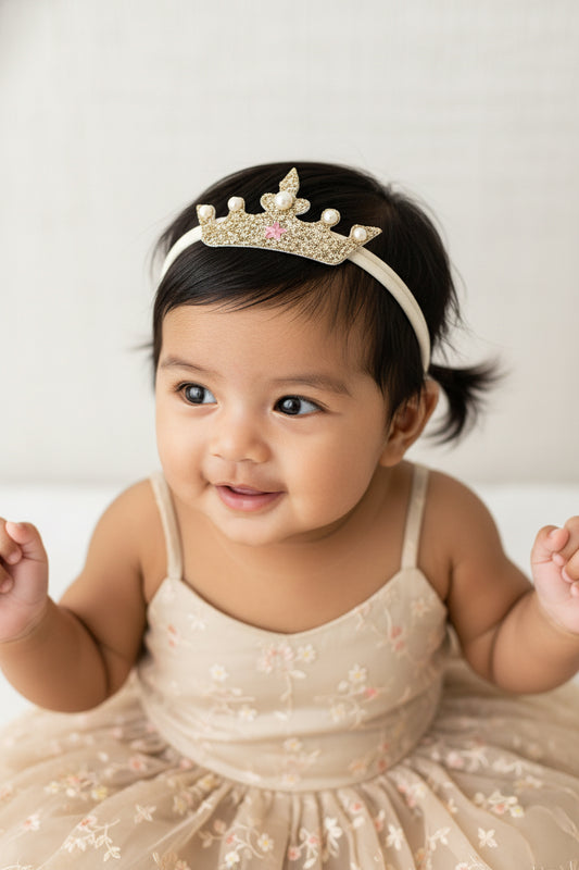 Choko Glitter Crown Birthday Headband with Pearls & Pink Star for Girls - Silver - Kids Accessory