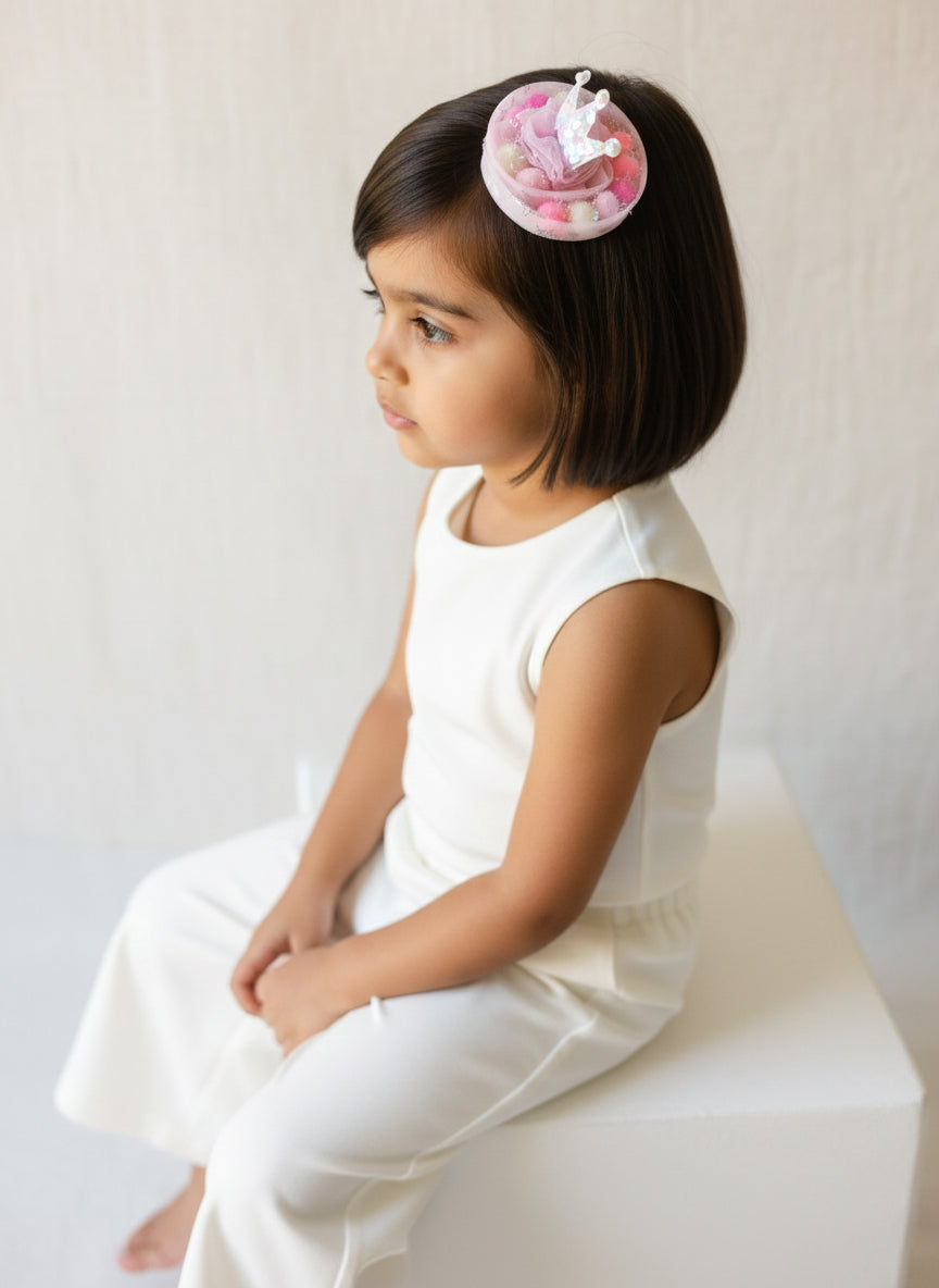 Choko Pastel Crown Pom-Pom Birthday Hairclip for Baby Girls with Glitter & Tulle - Multicolor