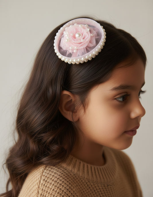 Choko Sweet Blush Pearl Rose Birthday Hairclip Whimsical with Tulle & Pearls for Baby Girls - Pink