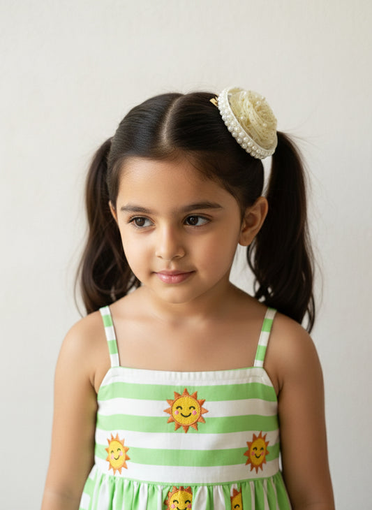 Choko Pearl & Gold Polka Dot Hairclip with Vintage Charm for Girls - Off White kids hair accessory