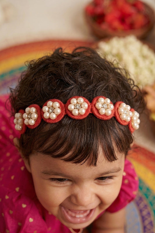 Choko Pearl Flower Detailing Headband - Red