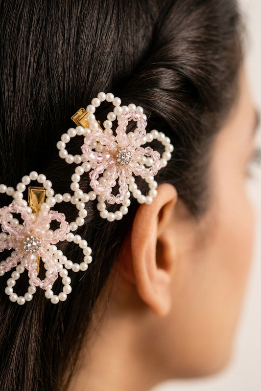 Choko Pair Of Crystal & Pearls Embellished Flower On Alligator Hair Clip - Off White & Pink