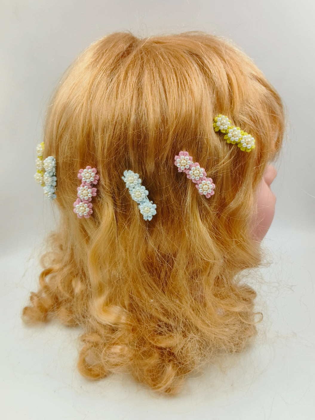 Choko Set of 6 - Flowery Cotton and Pearl Hairclip Set - 3 Pairs (Baby Pink, Soft Blue, Yellow)