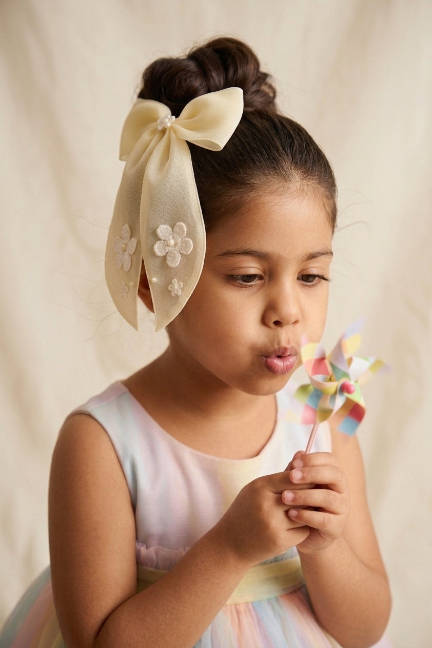 Choko Lemony Organza Bow Alligator Hairclip - Cotton Flower and Pearl Embellishments