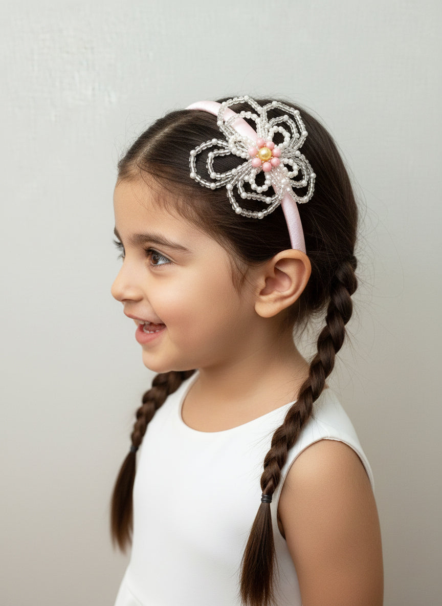 Choko Blue Floral Beaded Hairband with Pearls - Pink, Off White