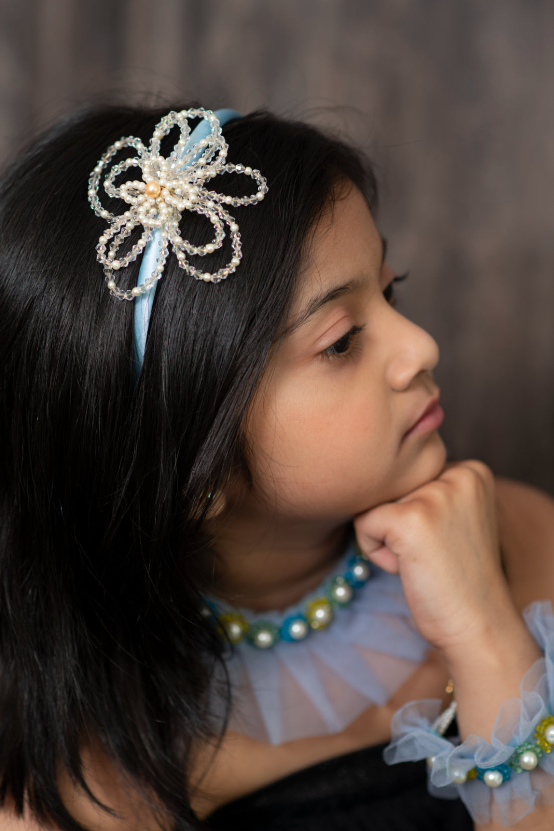 Choko Blue Floral Beaded Hairband with Pearls - Blue, OffWhite