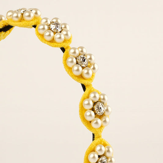 Choko Beaded Floral Pearl Hairband with Sunny Pearl Flowers and Cheerful Style for Girls - Yellow