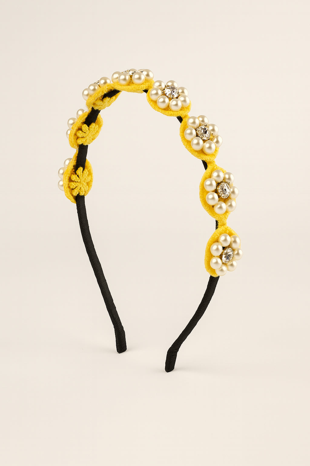 Choko Beaded Floral Pearl Hairband with Sunny Pearl Flowers and Cheerful Style for Girls - Yellow