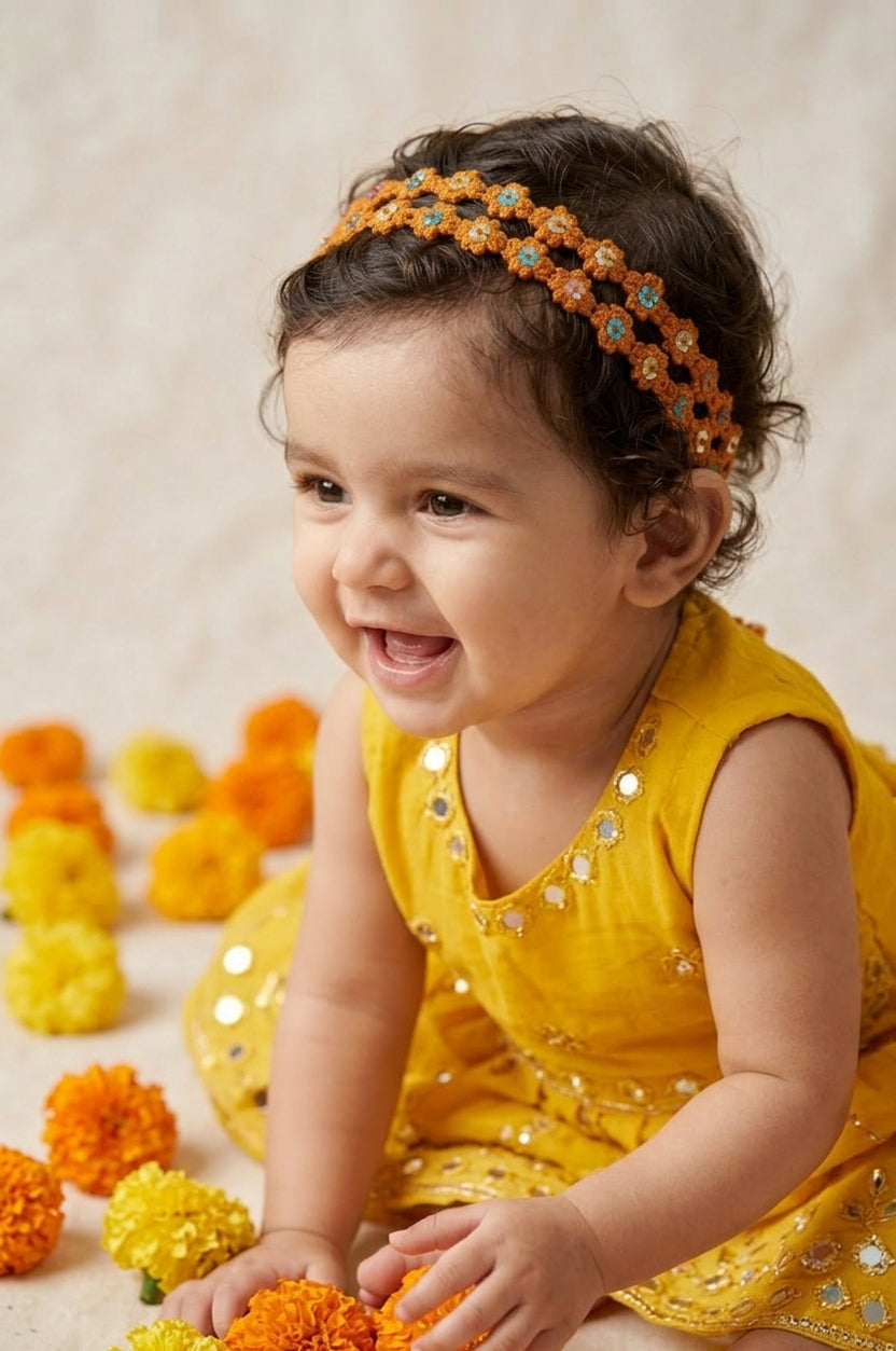 Choko Floral Sequin Crochet Hairband Handcrafted with Cheerful Crochet Flower for Girls - Orange