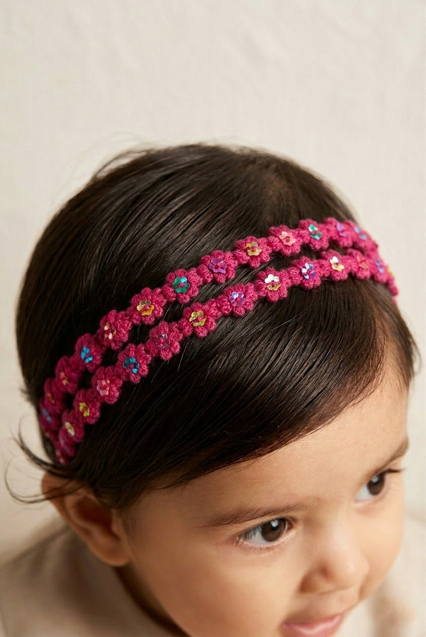 Choko Floral Sequin Crochet Hairband Handcrafted with Delicate Flower Accents for Girls - Berry Pink