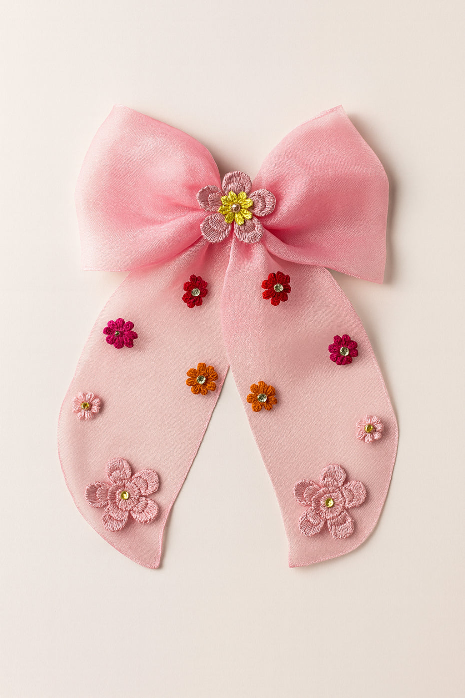 Choko Floral Embellished Bow Hairclip Large with Colorful Embroidery Details for Girls - Pink