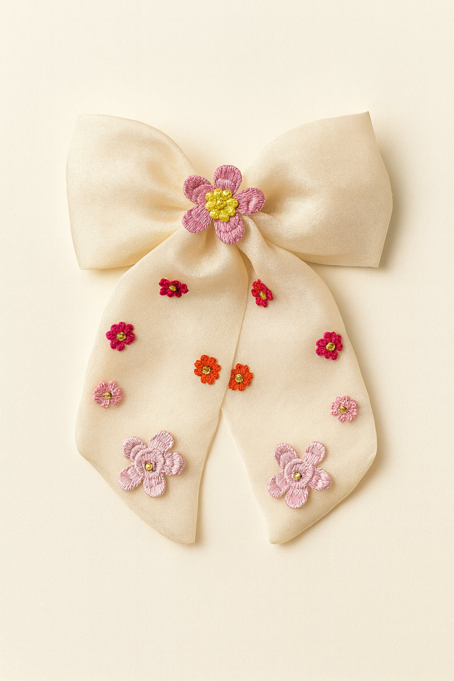 Choko Floral Embellished Bow Hairclip Elegant with Intricate Colorful Embroidery for Girls - Cream