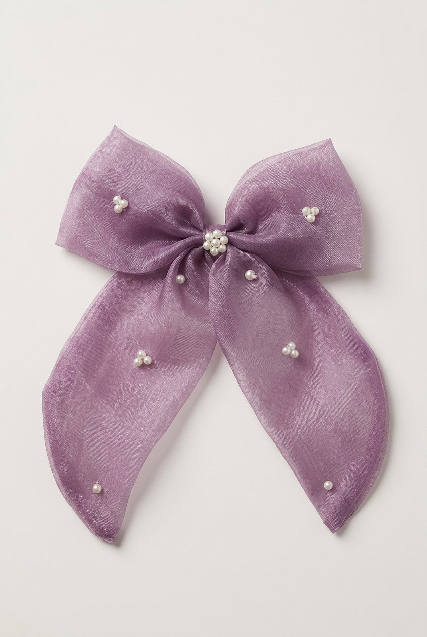 Choko Pearl Studded Bow Hairclip Chiffon with Elegant Pearl Embellishments for Girls - Lavender