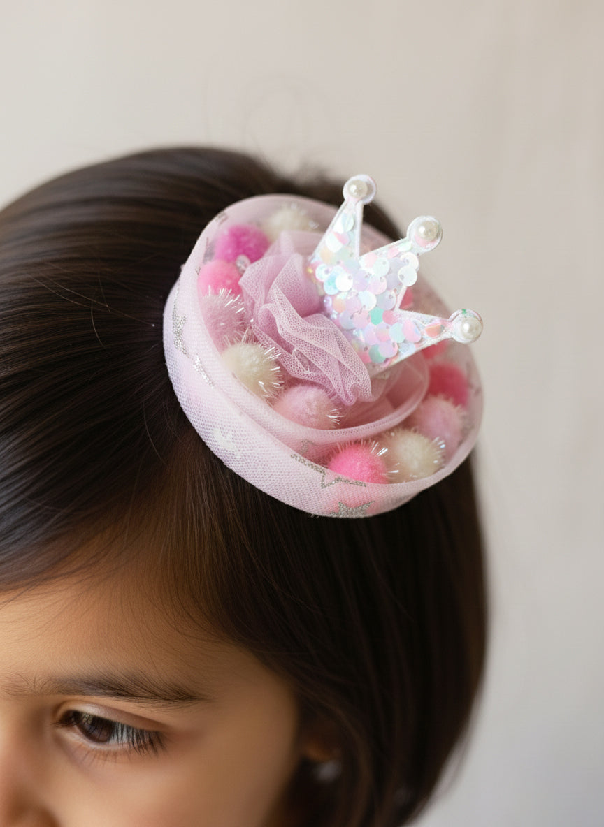 Choko Pastel Crown Pom-Pom Birthday Hairclip for Baby Girls with Glitter & Tulle - Multicolor