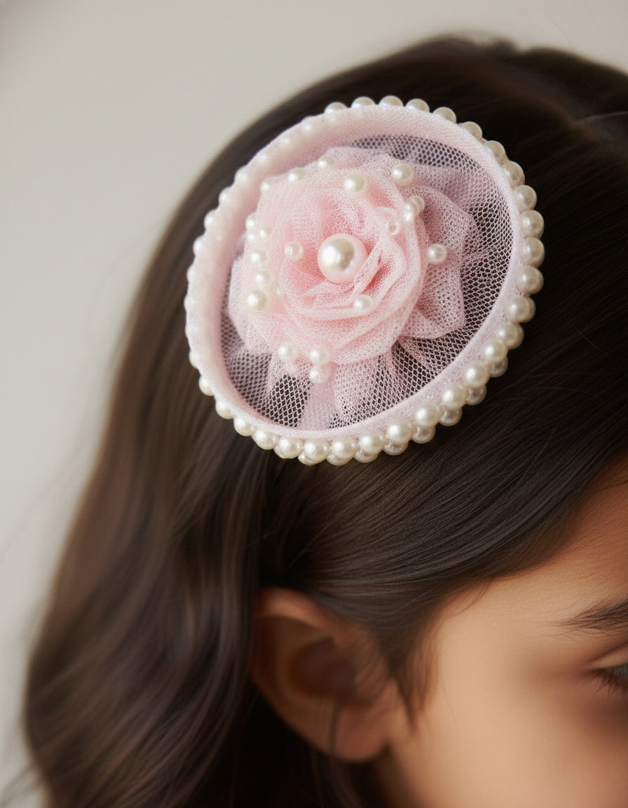 Choko Sweet Blush Pearl Rose Birthday Hairclip Whimsical with Tulle & Pearls for Baby Girls - Pink