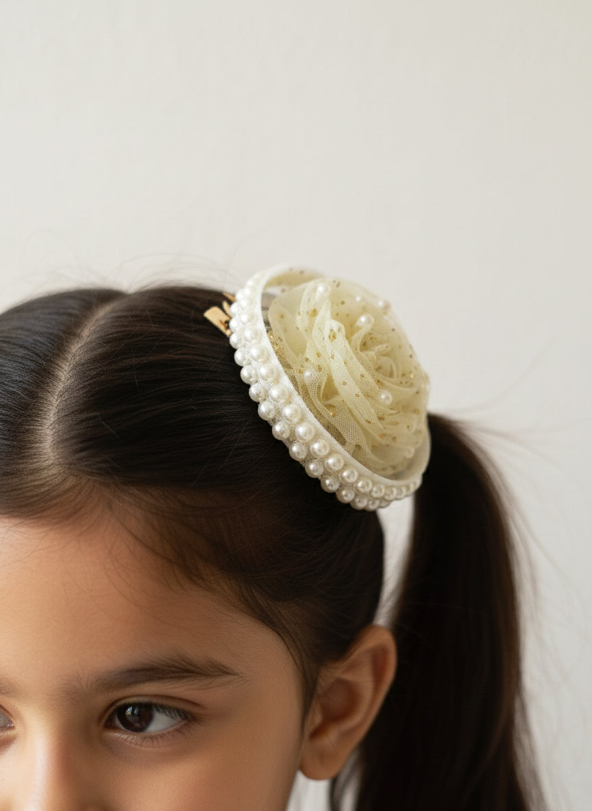 Choko Pearl & Gold Polka Dot Hairclip with Vintage Charm for Girls - Off White kids hair accessory