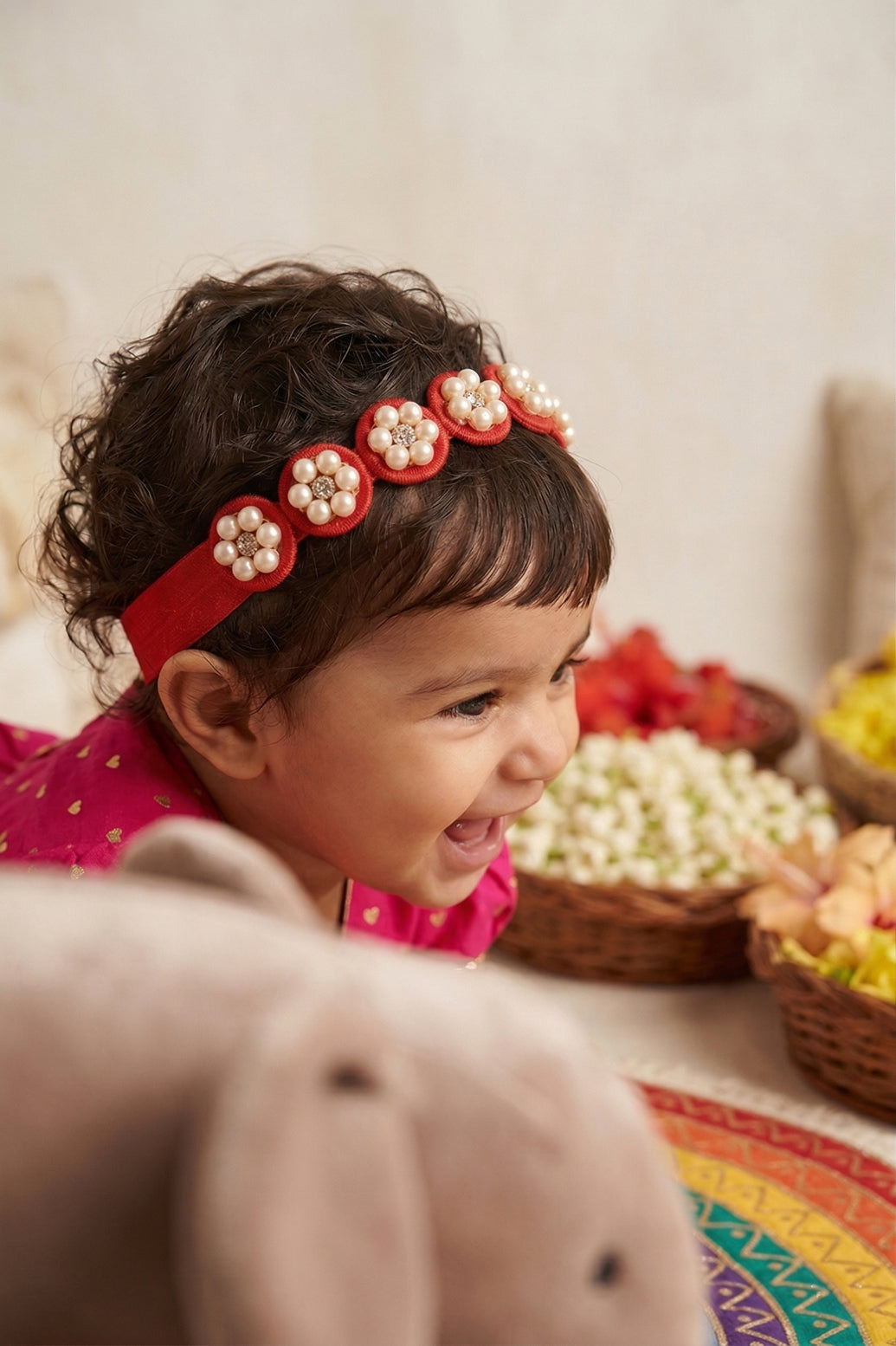 Choko Pearl Flower Detailing Headband - Red
