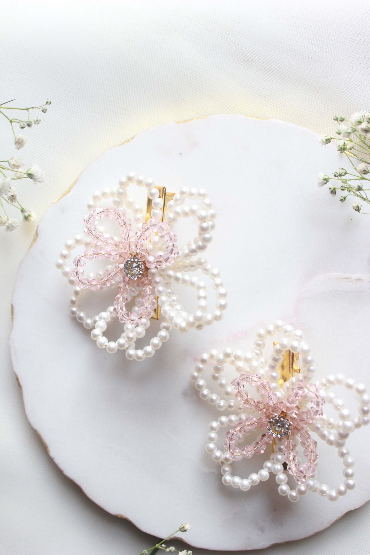 Choko Pair Of Crystal & Pearls Embellished Flower On Alligator Hair Clip - Off White & Pink