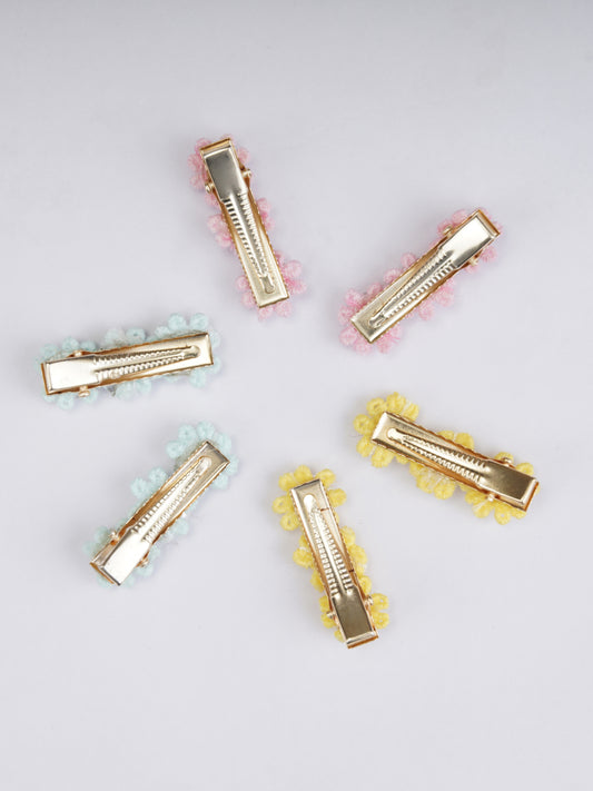 Choko Set of 6 - Flowery Cotton and Pearl Hairclip Set - 3 Pairs (Baby Pink, Soft Blue, Yellow)