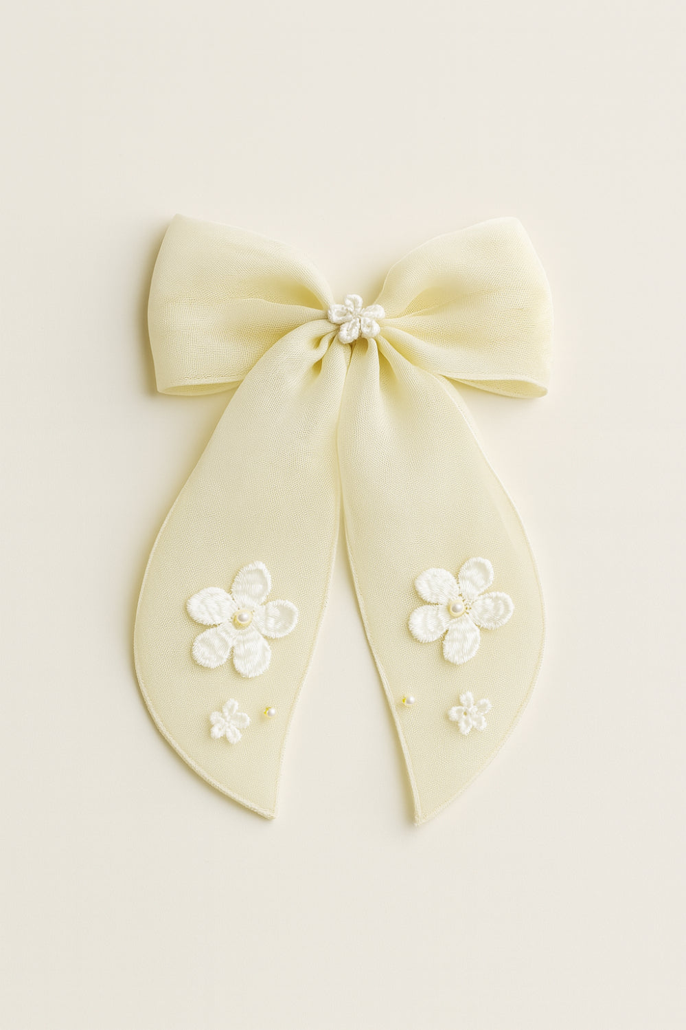 Choko Lemony Organza Bow Alligator Hairclip - Cotton Flower and Pearl Embellishments