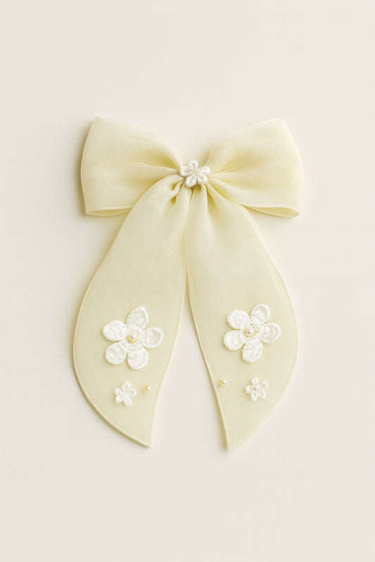 Choko Lemony Organza Bow Alligator Hairclip - Cotton Flower and Pearl Embellishments