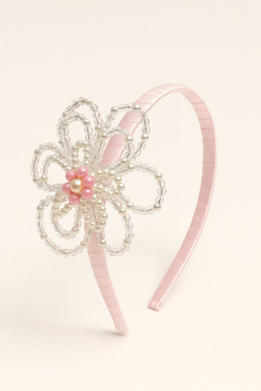 Choko Blue Floral Beaded Hairband with Pearls - Pink, Off White