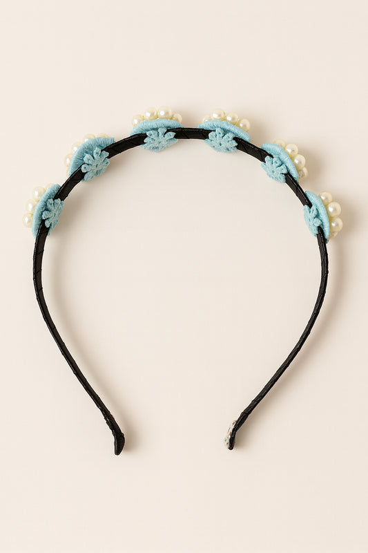 Choko Beaded Floral Pearl Hairband Hair Accessory with Rhinestones and Flowers for Girls - Blue