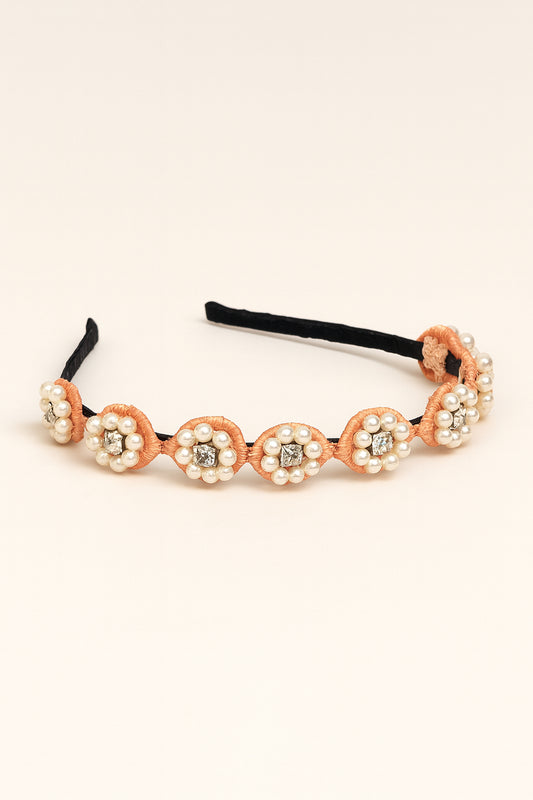 Choko Beaded Floral Pearl Hairband Hair Accessory with Pearls and Flowers for Girls - Pink