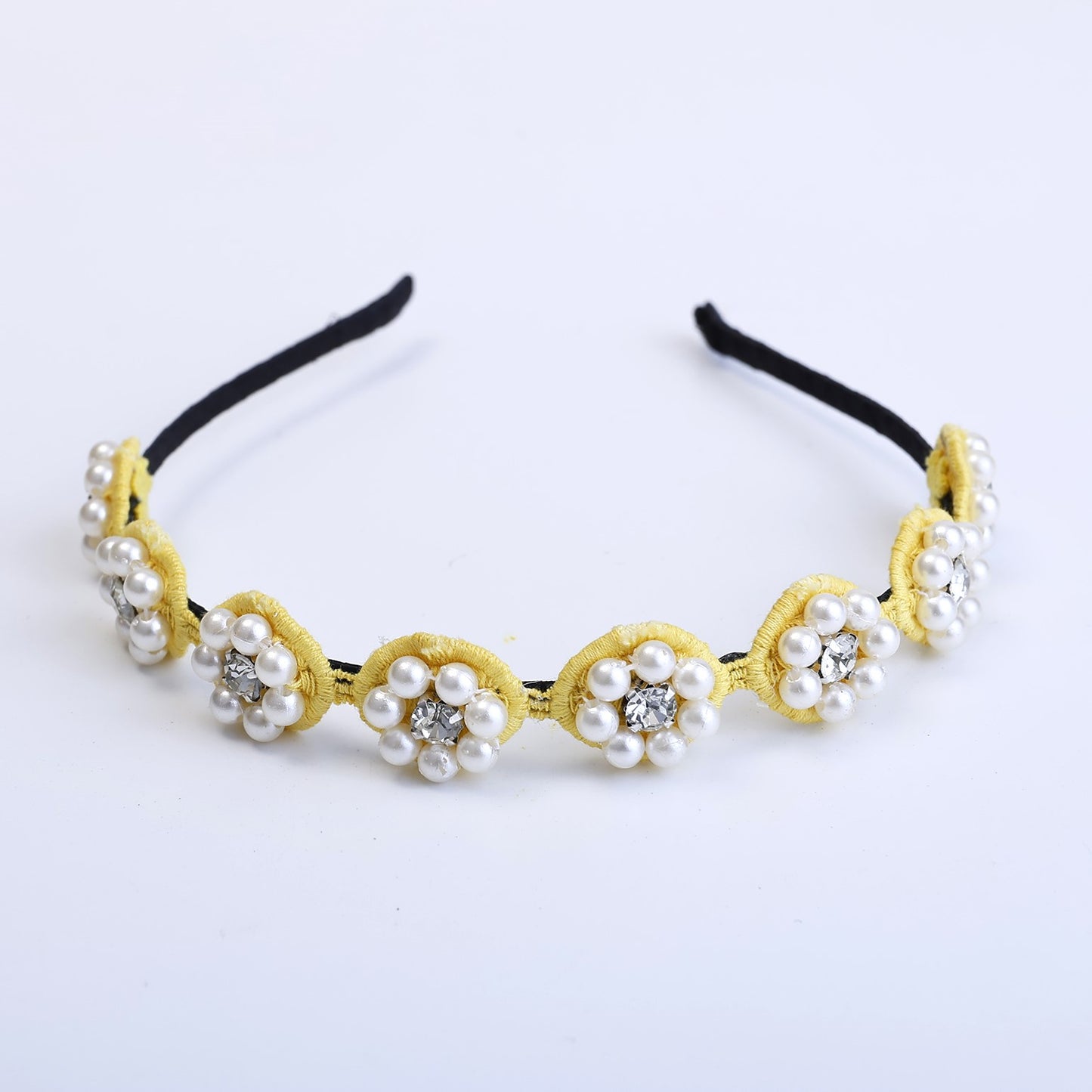 Choko Beaded Floral Pearl Hairband with Sunny Pearl Flowers and Cheerful Style for Girls - Yellow