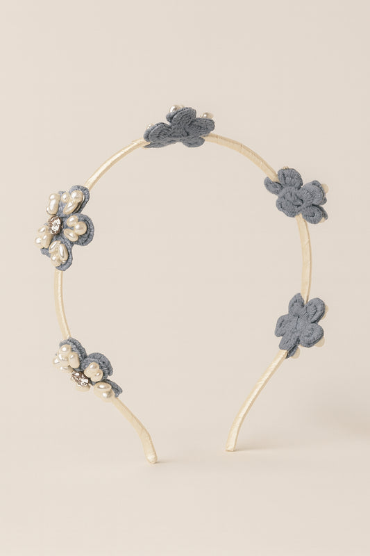 Choko Beaded Floral Hairband with Rustic Floral Beads and Versatile Style for Girls - Denim Blue