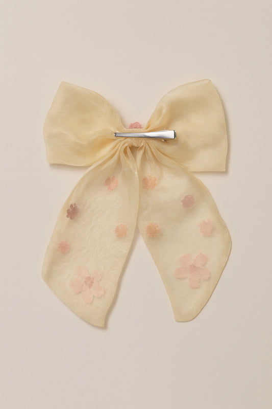 Choko Floral Embellished Bow Hairclip Elegant with Intricate Colorful Embroidery for Girls - Cream