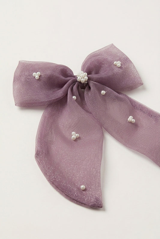 Choko Pearl Studded Bow Hairclip Chiffon with Elegant Pearl Embellishments for Girls - Lavender