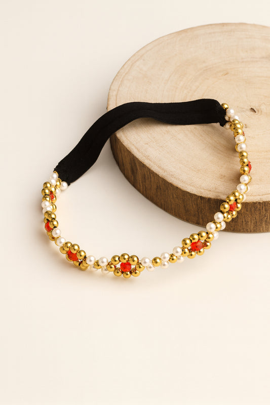 Choko Girls Beaded Headband with Golden Beads & Red Crystal Flowers -Red & Gold | Kids Accessory