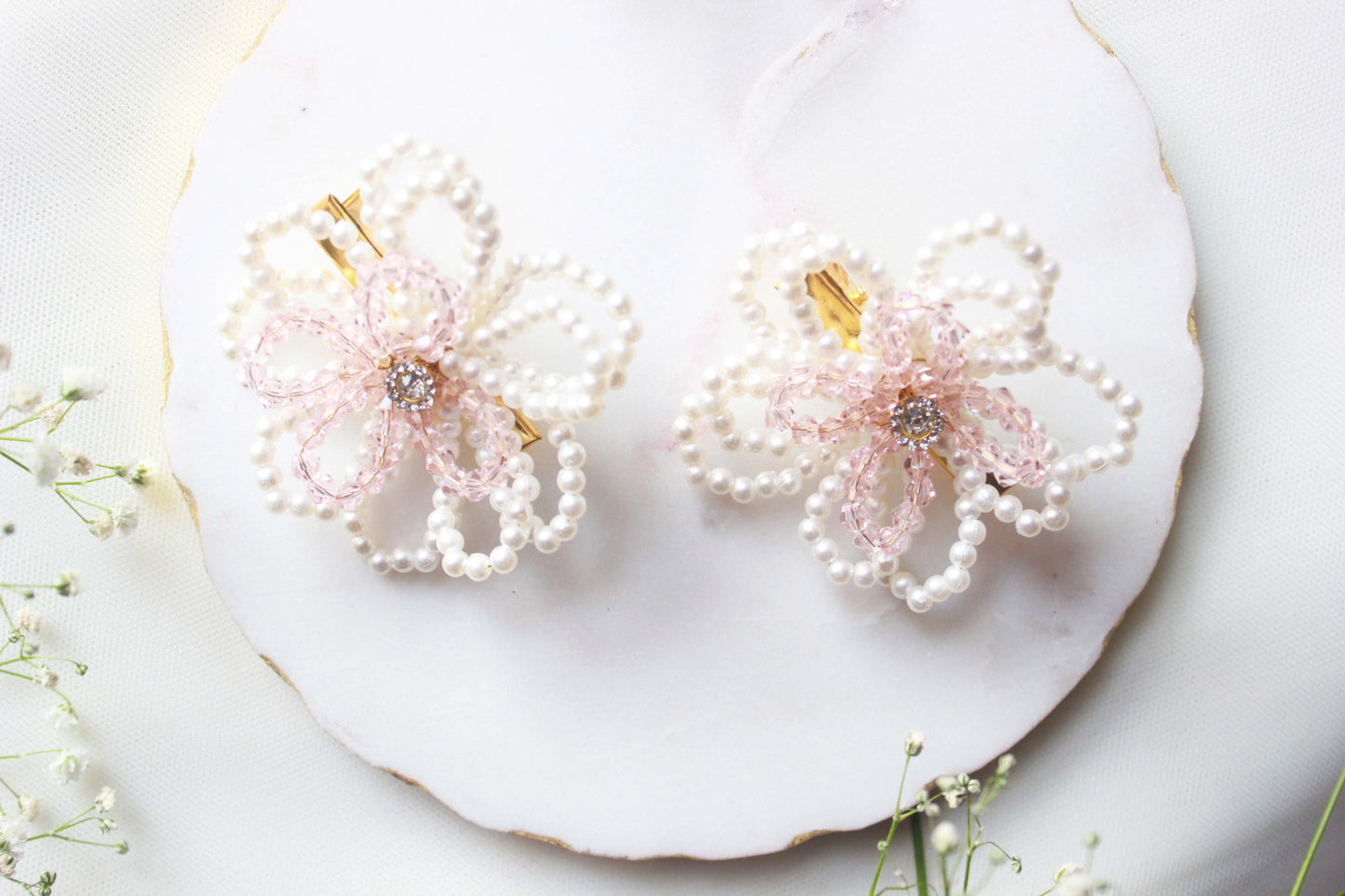 Choko Pair Of Crystal & Pearls Embellished Flower On Alligator Hair Clip - Off White & Pink