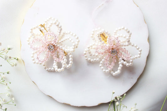 Choko Pair Of Crystal & Pearls Embellished Flower On Alligator Hair Clip - Off White & Pink