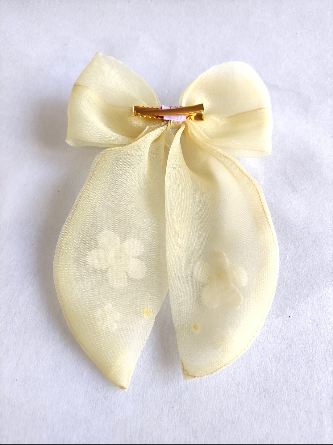 Choko Lemony Organza Bow Alligator Hairclip - Cotton Flower and Pearl Embellishments