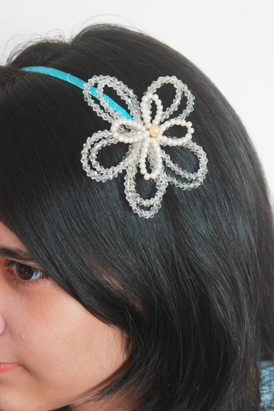 Choko Blue Floral Beaded Hairband with Pearls - Blue, OffWhite
