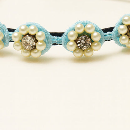 Choko Beaded Floral Pearl Hairband Hair Accessory with Rhinestones and Flowers for Girls - Blue