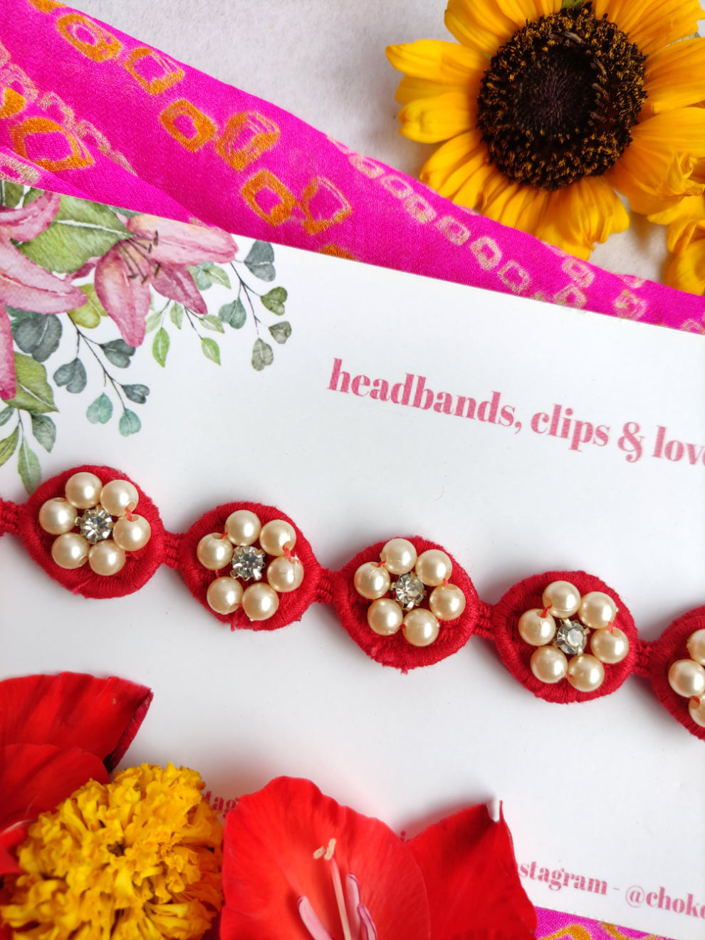 Choko Pearl Flower Detailing Headband - Red