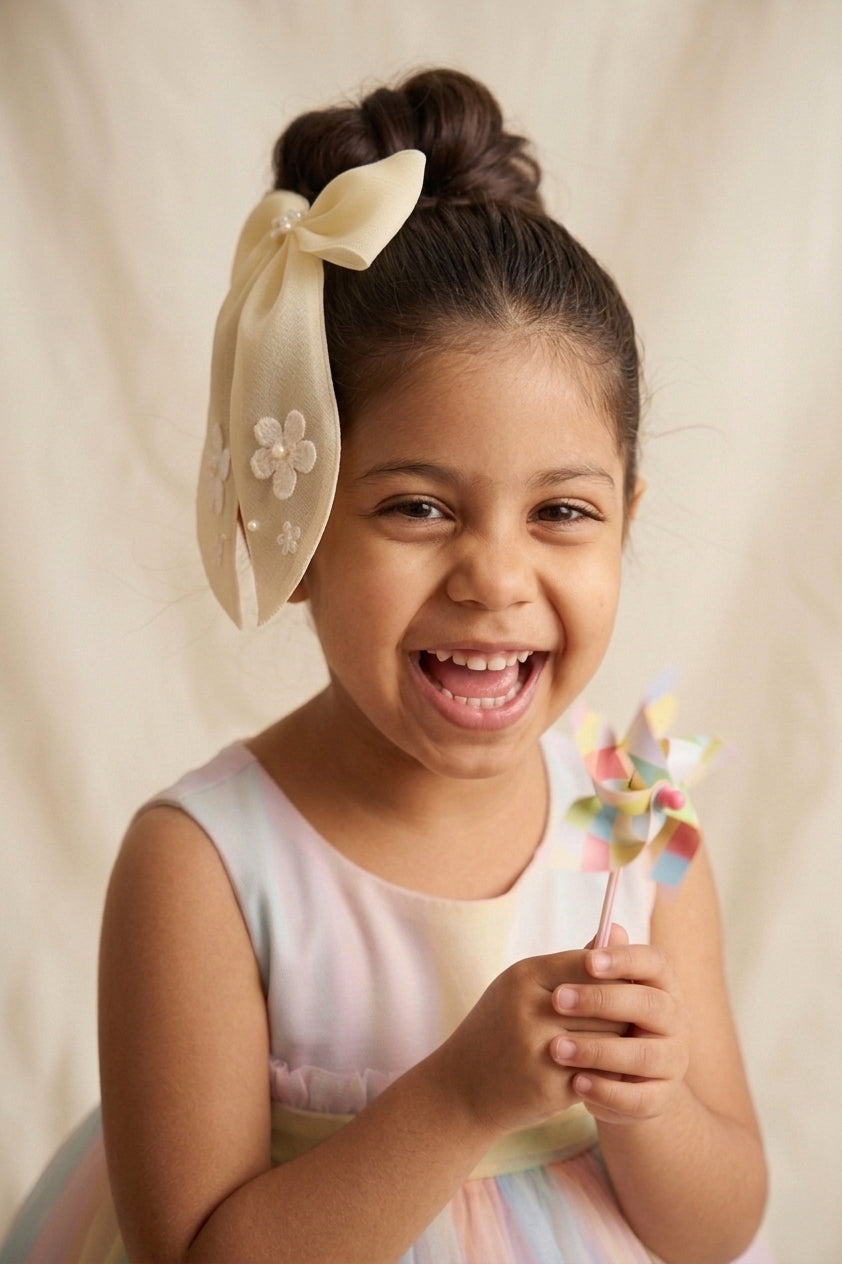Choko Lemony Organza Bow Alligator Hairclip - Cotton Flower and Pearl Embellishments
