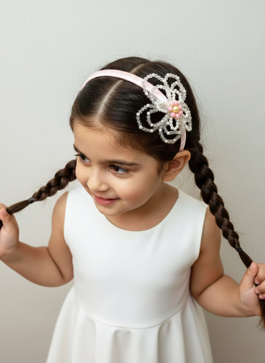 Choko Blue Floral Beaded Hairband with Pearls - Pink, Off White