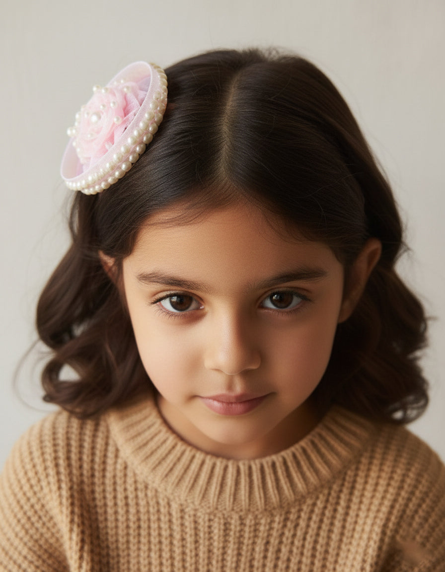 Choko Sweet Blush Pearl Rose Birthday Hairclip Whimsical with Tulle & Pearls for Baby Girls - Pink