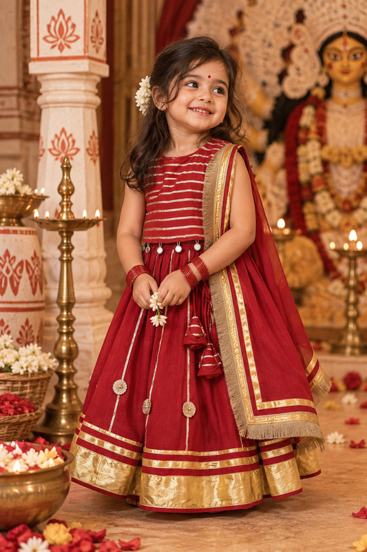 Gulab Gota Mirror Lehenga Set for Girls - Red
