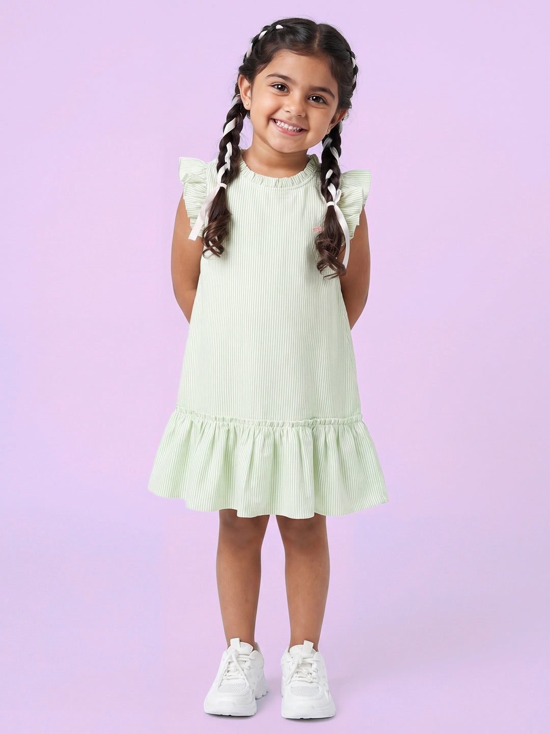 Soothing Stripes Frill Sleeves Dress for Girls (Green)